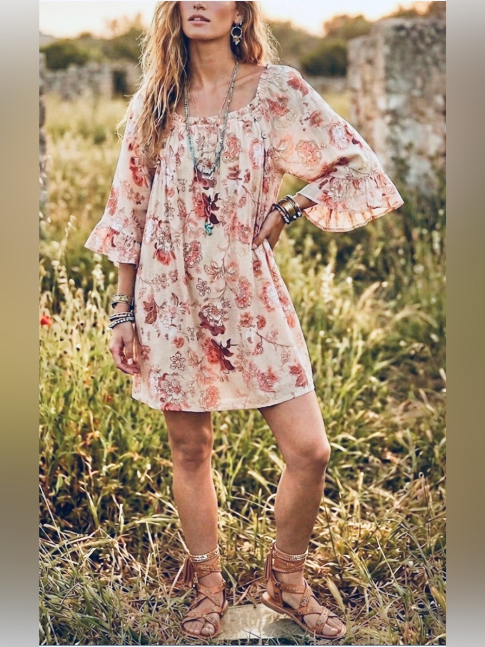 Naif Tunic Dress Beige Pink Floral Women’s Size M